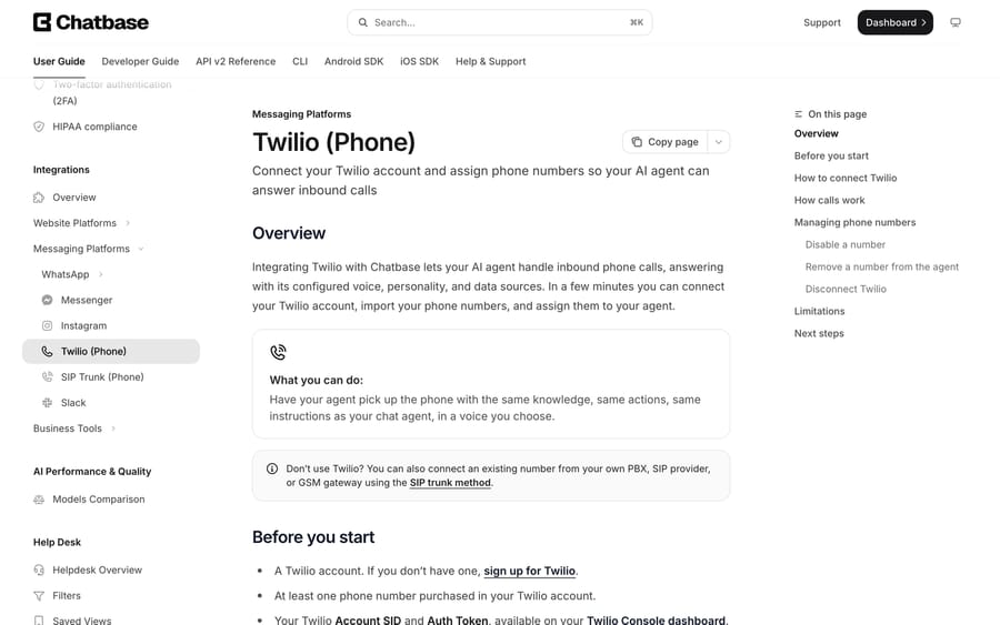 Chatbase Twilio docs: connect your Twilio account and assign phone numbers so your agent answers calls