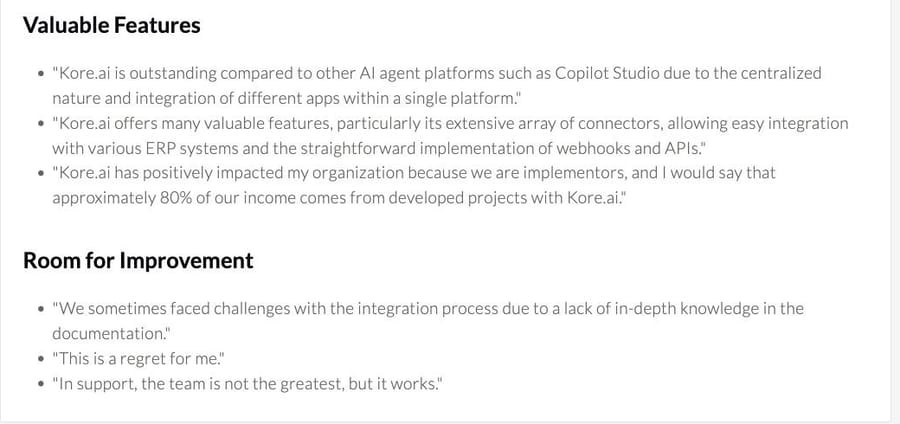 PeerSpot's Kore.ai summary, Sep 2026: valuable features and room for improvement on docs and support