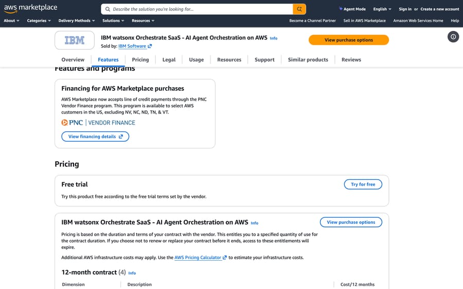 IBM watsonx Orchestrate on AWS Marketplace, Sep 2026: a free trial and 12-month contract options