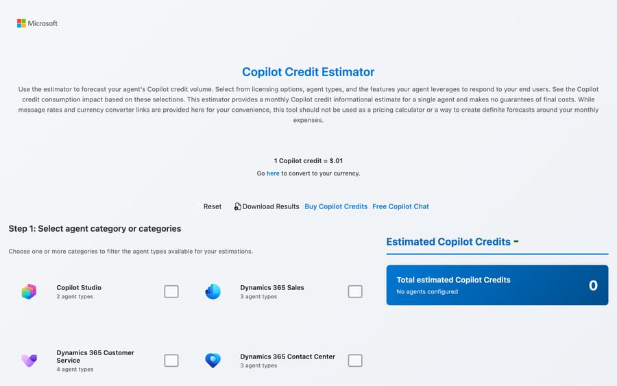 Microsoft's Copilot Credit Estimator, Sep 2026: '1 Copilot credit = $.01' and agent categories to estimate