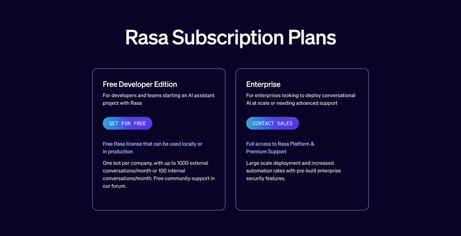 Rasa subscription plans, Sep 2026: Free Developer Edition up to 1,000 conversations a month, Enterprise by quote