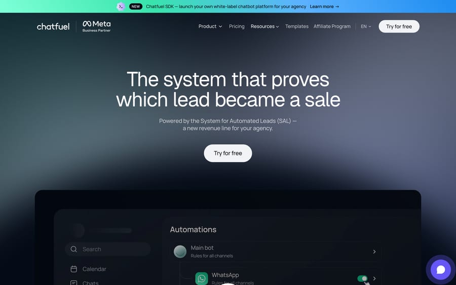 Chatfuel homepage, Sep 2026: The system that proves which lead became a sale, built for agencies
