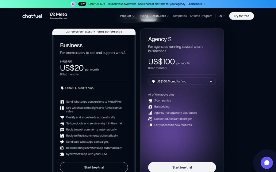Chatfuel pricing, monthly view: Business US$20 with US$69 struck through, Agency S US$100 a month