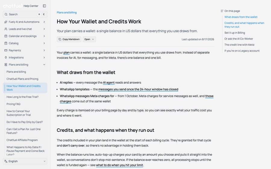 Chatfuel help center: AI replies, WhatsApp templates and Meta-charged messages all draw from one wallet