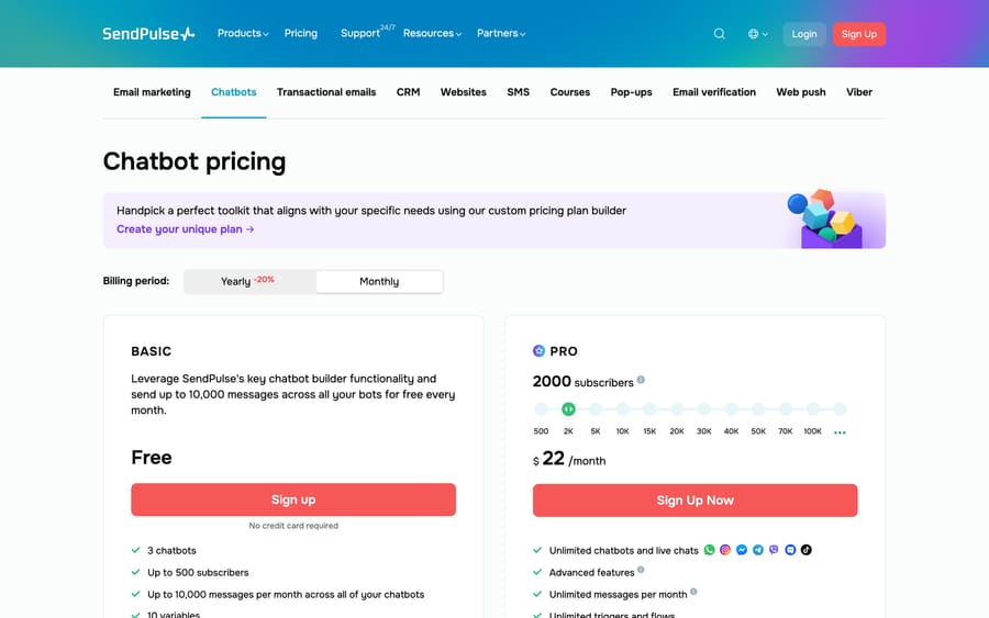 SendPulse chatbot pricing: Free with 500 subscribers, Pro $22 a month at 2,000 subscribers