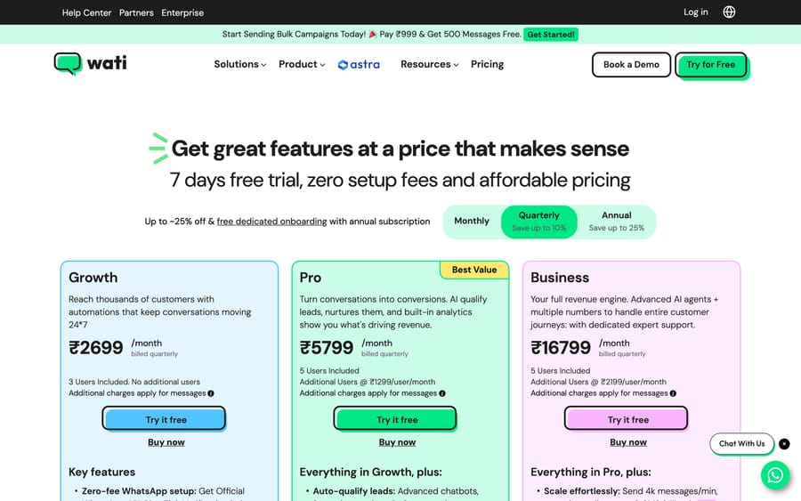 Wati pricing as served in India, in rupees: Growth, Pro and Business plans billed quarterly