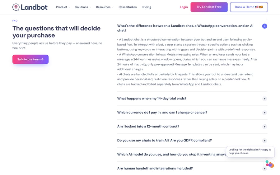 Landbot FAQ: AI chats are tracked and billed separately from WhatsApp conversations and Landbot chats