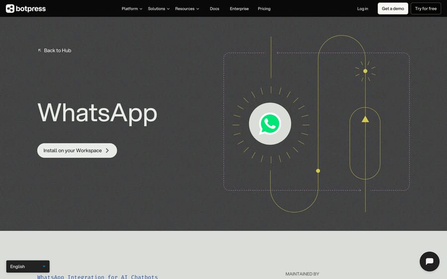 Botpress WhatsApp integration page: install the WhatsApp channel on your Botpress workspace