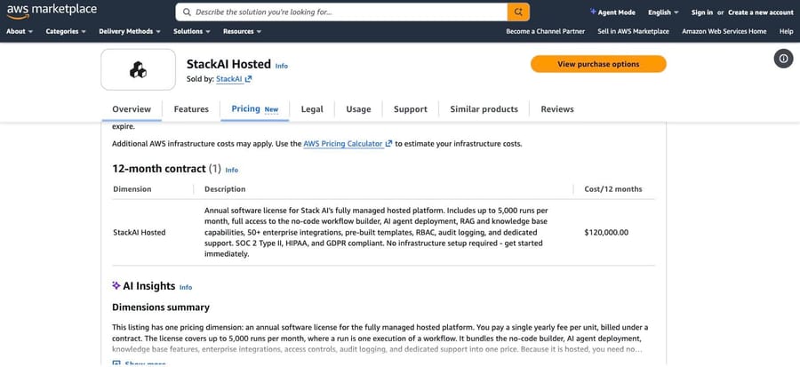 AWS Marketplace, StackAI Hosted: 12-month contract, up to 5,000 runs a month, $120,000.00