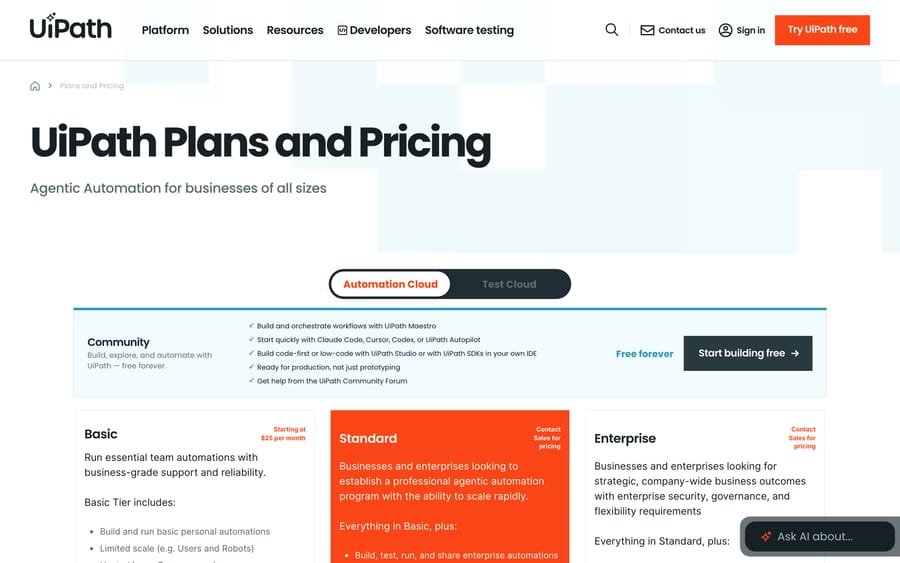 UiPath pricing: Community free forever, Basic starting at $25 a month, Standard and Enterprise contact sales