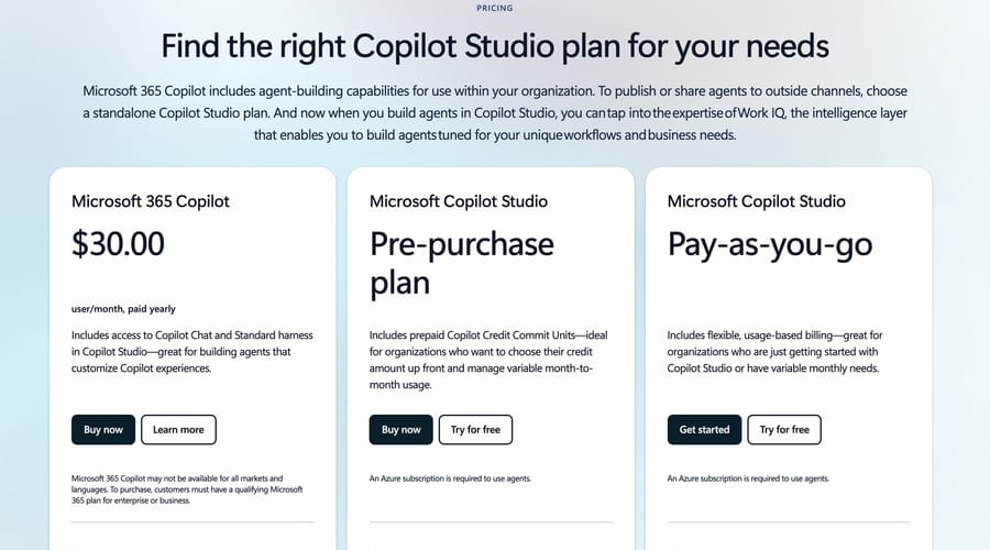 Copilot Studio plans: Microsoft 365 Copilot $30 a user a month paid yearly; pre-purchase and pay-as-you-go credits