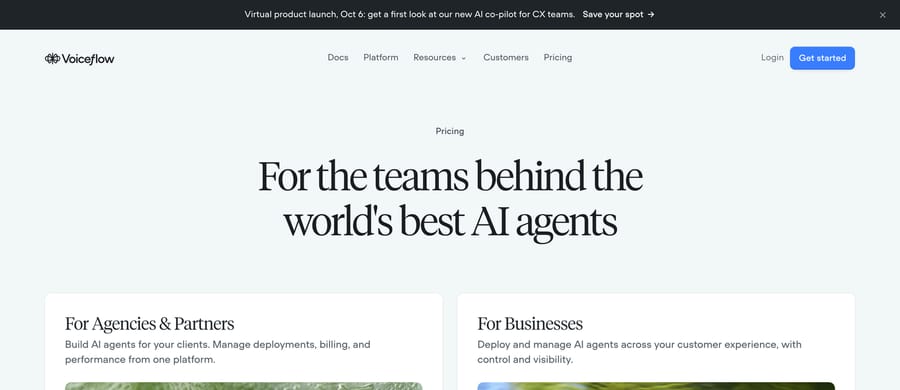 Voiceflow's pricing page: cards for agencies and businesses with no prices shown