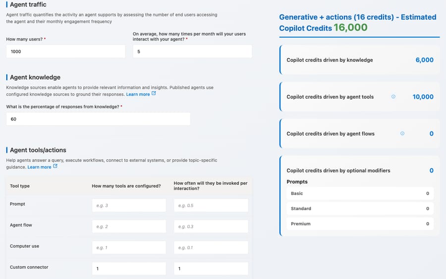 Copilot Credit Estimator, Sep 19, 2026: 1,000 users, 5 interactions, 60% knowledge, 1 connector = 16,000 credits