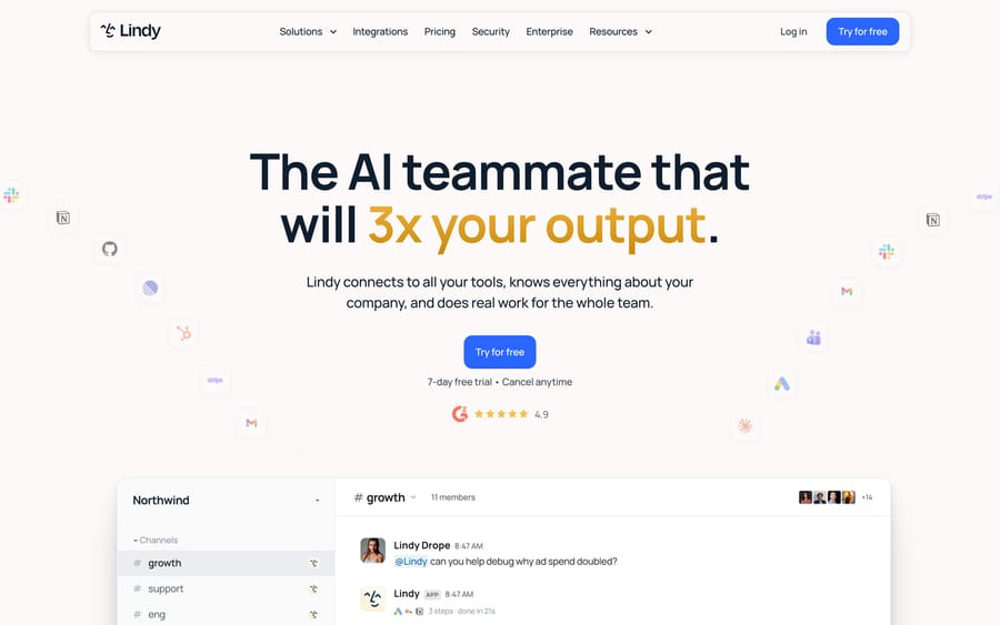 Lindy homepage, Sep 19, 2026: "The AI teammate that will 3x your output," 7-day trial and a G2 4.9 badge