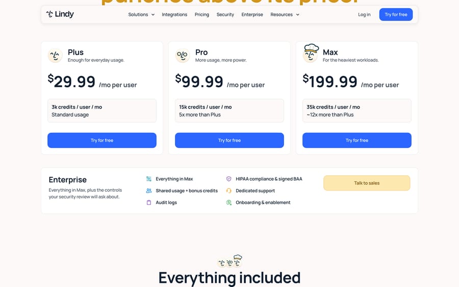 Lindy pricing, Sep 19, 2026: Plus $29.99, Pro $99.99, Max $199.99 per user a month with 3k, 15k, 35k credits