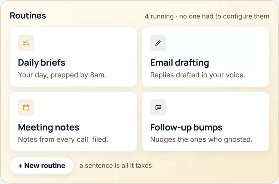 Lindy docs: Routines card showing Daily briefs, Email drafting, Meeting notes and Follow-up bumps