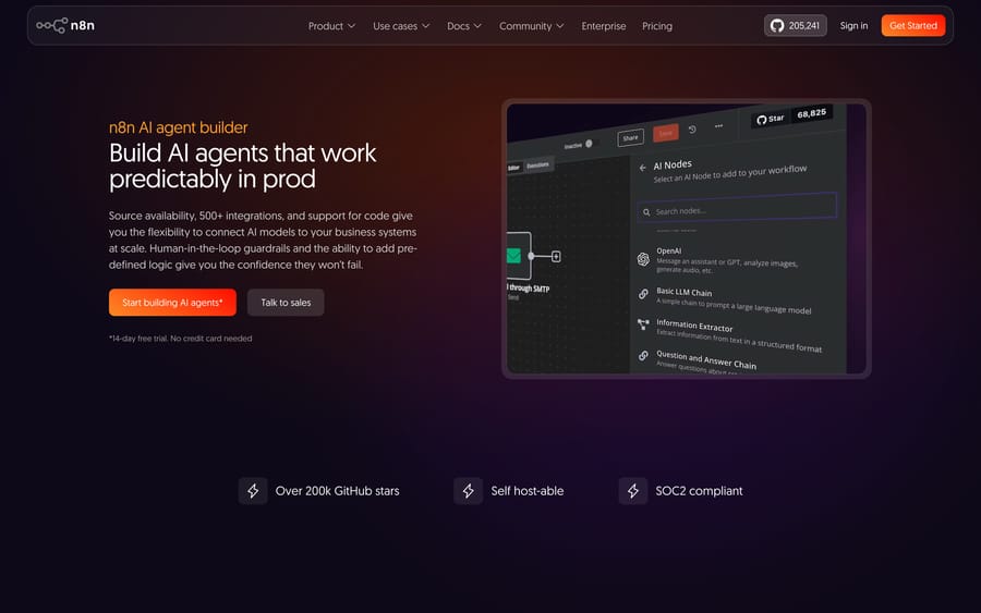 n8n AI agent builder page, Sep 19, 2026: AI Nodes panel in the editor, 200k GitHub stars, self-hostable, SOC 2