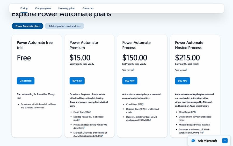 Power Automate plans, Sep 19, 2026: free trial, Premium $15 a user, Process $150 and Hosted Process $215 a bot