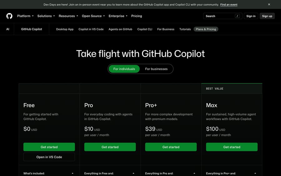 GitHub Copilot individual plans, Sep 19, 2026: Free, Pro $10, Pro+ $39 and Max $100 a user a month
