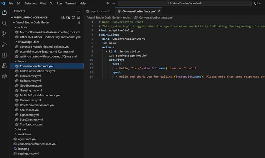Copilot Studio agent cloned into VS Code (Microsoft Learn): topics and actions as .mcs.yml files