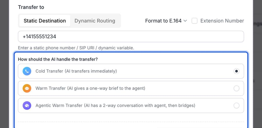 Retell transfer tool in its docs: cold, warm and agentic warm transfer options