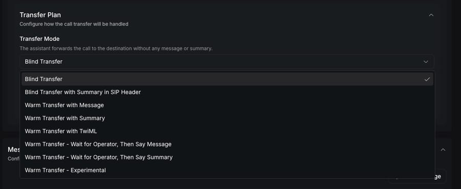 Vapi dashboard in its docs: Transfer Mode menu with blind, warm and experimental warm options