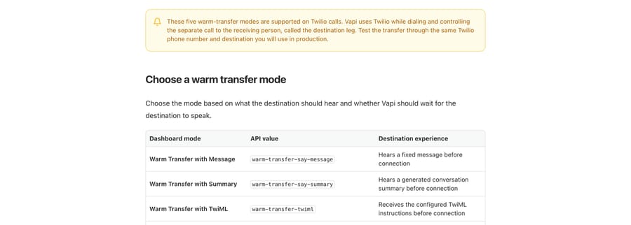 Vapi docs, Sept 19, 2026: the five warm-transfer modes are supported on Twilio calls