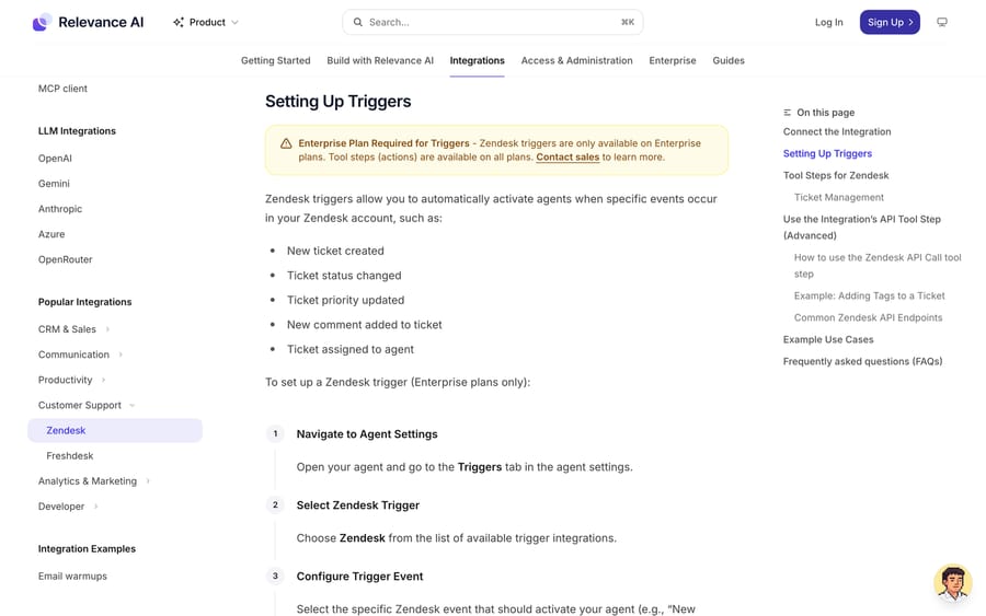 Relevance AI docs, Sep 19, 2026: warning that Zendesk triggers need an Enterprise plan; tool steps on all plans