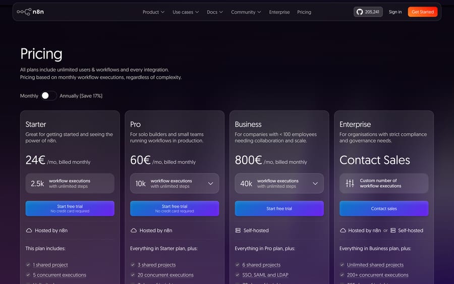 n8n pricing, Sep 19, 2026, monthly billing: Starter €24, Pro €60, Business €800, by workflow executions