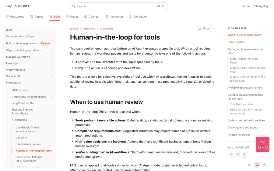 n8n docs, Sep 19, 2026: Human-in-the-loop for tools, where a flagged tool waits for Approve or Deny