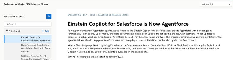 Salesforce Winter '25 release note: Einstein Copilot for Salesforce is now Agentforce, no change in functionality
