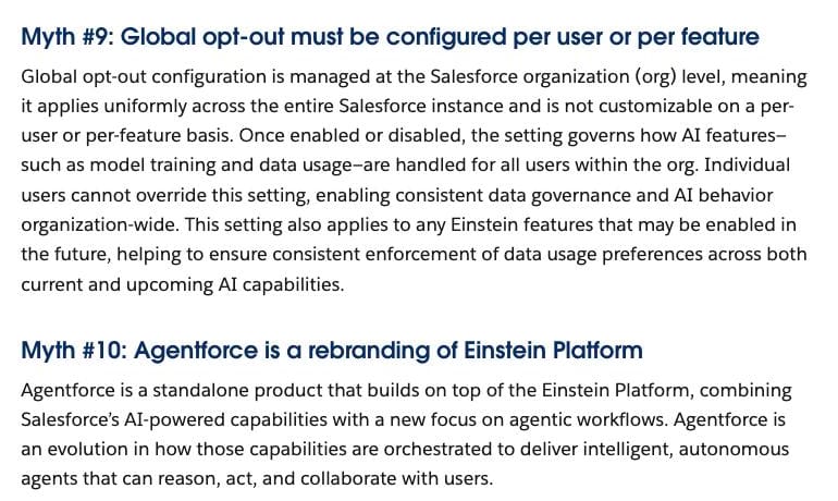 Salesforce's myths post, Myth #10: Agentforce is a standalone product built on the Einstein Platform