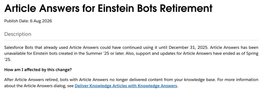 Salesforce Help: Article Answers for Einstein Bots retirement, published 6 Aug 2026