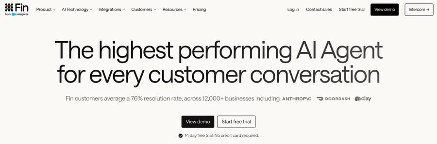 Fin homepage, Sep 19, 2026: 76% average resolution claimed across 12,000+ businesses; Fin from Salesforce logo