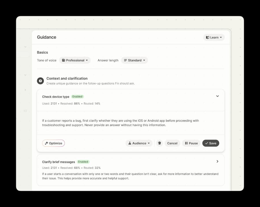 Fin's Guidance screen (Intercom Help): tone, answer length and rules with used, resolved and routed rates