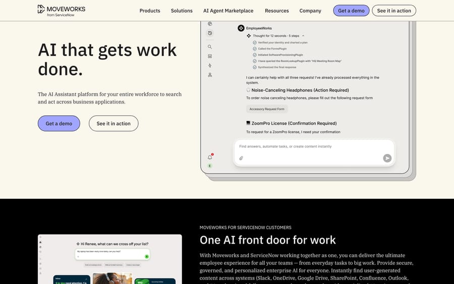 Moveworks homepage, Sep 19, 2026: EmployeeWorks thread calling a forms plugin and a software provisioning plugin
