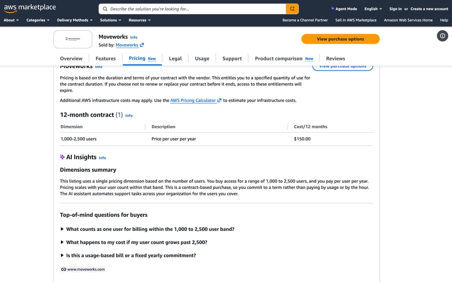 AWS Marketplace, Sep 19, 2026: Moveworks 12-month contract, 1,000-2,500 users at $150 per user per year