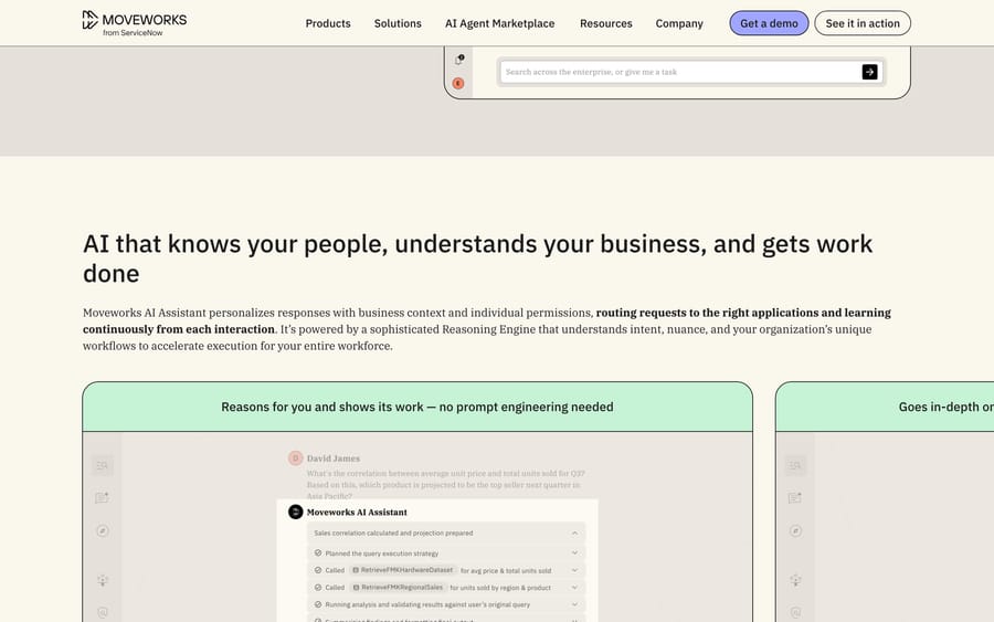 Moveworks AI Assistant page, Sep 19, 2026: the assistant plans a query and calls data plugins, shown step by step