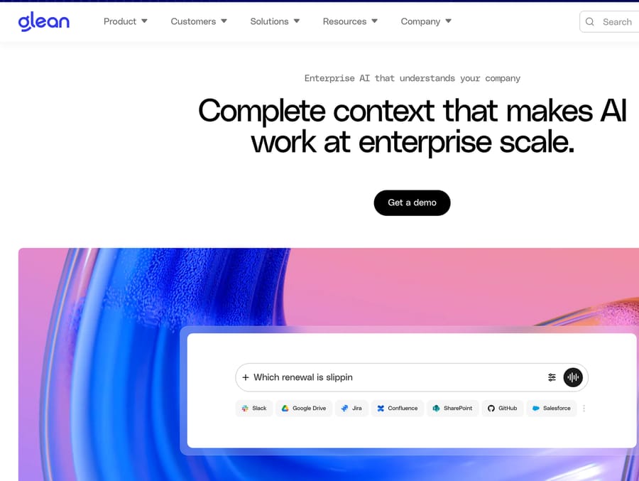 Glean homepage, Sep 19, 2026: one search box over connected apps including Slack, Google Drive, Jira and Salesforce