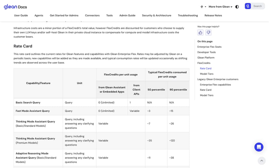 Glean docs, Sep 19, 2026: Enterprise Flex rate card with 50th and 90th percentile FlexCredits per query type