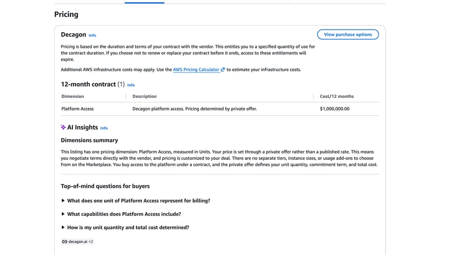Decagon AWS Marketplace pricing, Sept 19, 2026: one 12-month Platform Access dimension, private offer