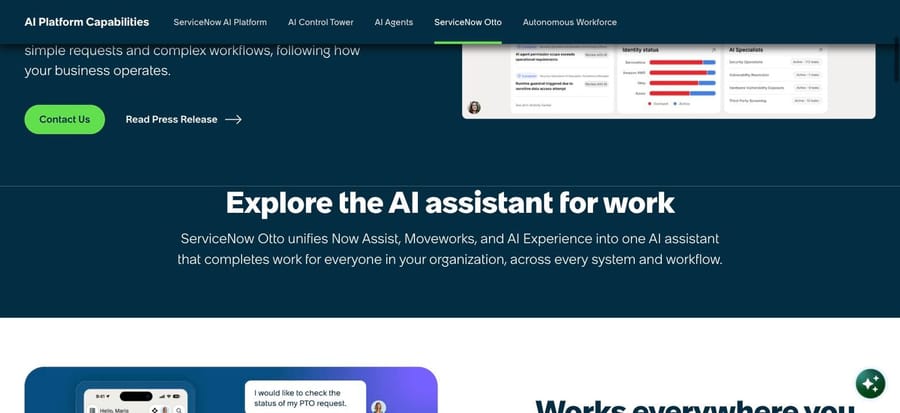ServiceNow Otto page, Sep 19, 2026: "unifies Now Assist, Moveworks, and AI Experience into one AI assistant"
