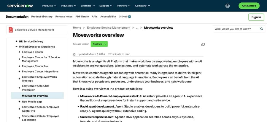 ServiceNow docs, Australia release: Moveworks overview listed beside EmployeeWorks and Otto Chat Integration