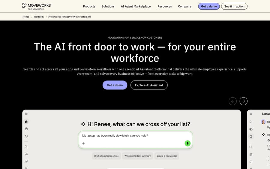 Moveworks for ServiceNow customers, Sep 19, 2026: "The AI front door to work," assistant handling a slow laptop
