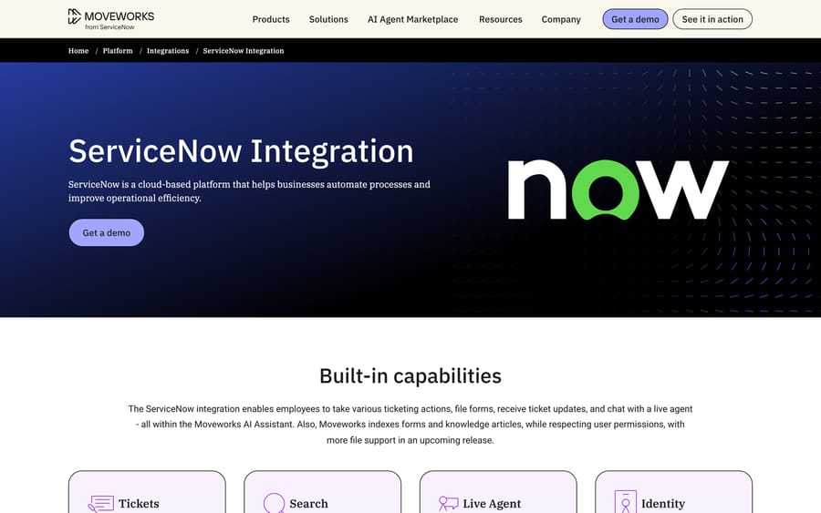 Moveworks ServiceNow integration page, Sep 19, 2026: ticketing actions, forms, ticket updates and live-agent chat