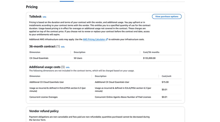 Talkdesk on AWS Marketplace, Sept 19, 2026: 50 users for $135,000 over 36 months, extra users $75