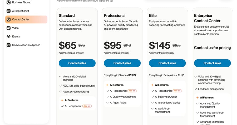 RingCX pricing, Sept 19, 2026: Standard $65, Professional $95, Elite $145 a user a month paid annually