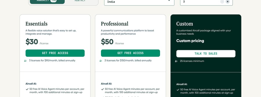 Aircall pricing, Sept 19, 2026: Essentials $30, Professional $50 a license; Custom has a 25-license minimum