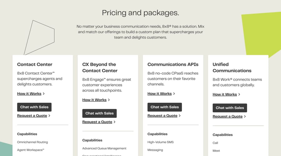 8x8 plans and pricing page, Sept 19, 2026: Contact Center with Chat with Sales and Request a Quote