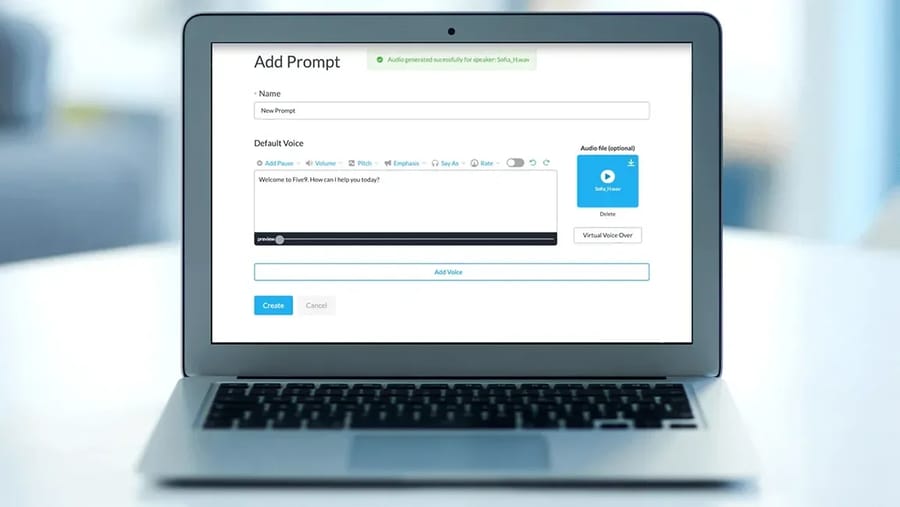 Five9 virtual agent prompt editor from its product page: text-to-speech prompt with voice controls